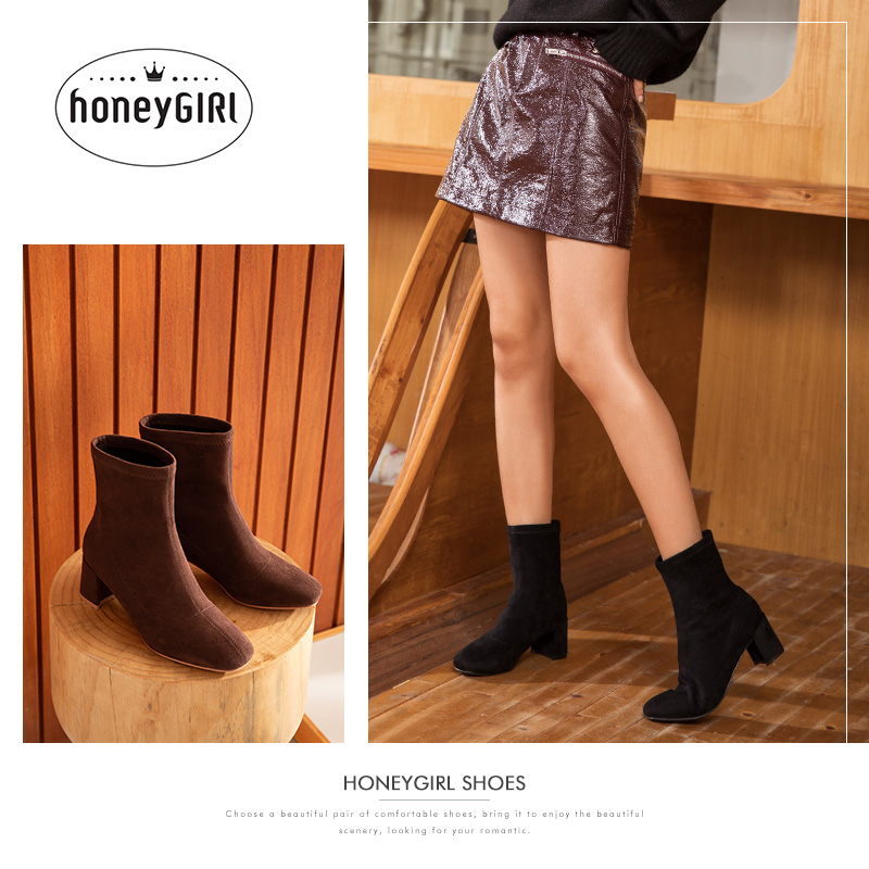 honeyGIRL2018冬季新款加绒靴子粗跟短靴瘦瘦高跟女靴尖头女鞋秋