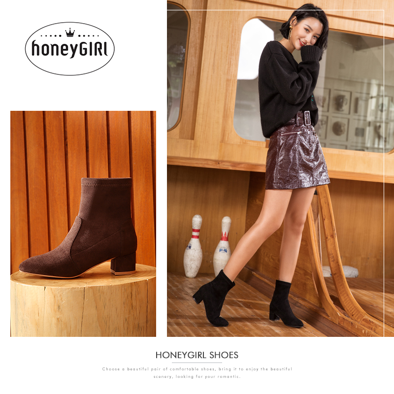 honeyGIRL2018秋冬季新款鞋子粗跟尖头靴子袜靴高跟女靴加绒短靴