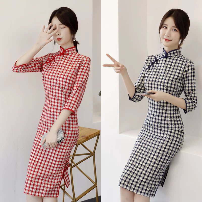Легкий чонсам, летнее длинное платье, с коротким рукавом, лёгкий стиль, средней длины, хлопок и лен