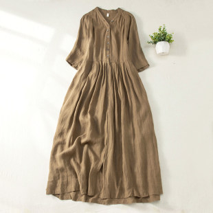Японское ретро платье, длинная длинная юбка, из хлопка и льна, V-образный вырез, высокая талия, короткий рукав, А-силуэт