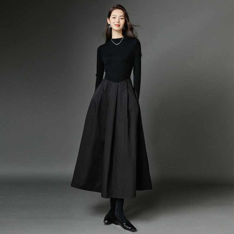 晚白女装爆款轻奢法式赫本风黑色裙子气质小黑裙长袖收腰连衣裙女