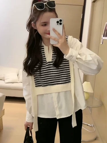 Комплект, накидка, жилет, весенняя рубашка, небольшой дизайнерский универсальный трикотажный свитер, в корейском стиле, тренд сезона
