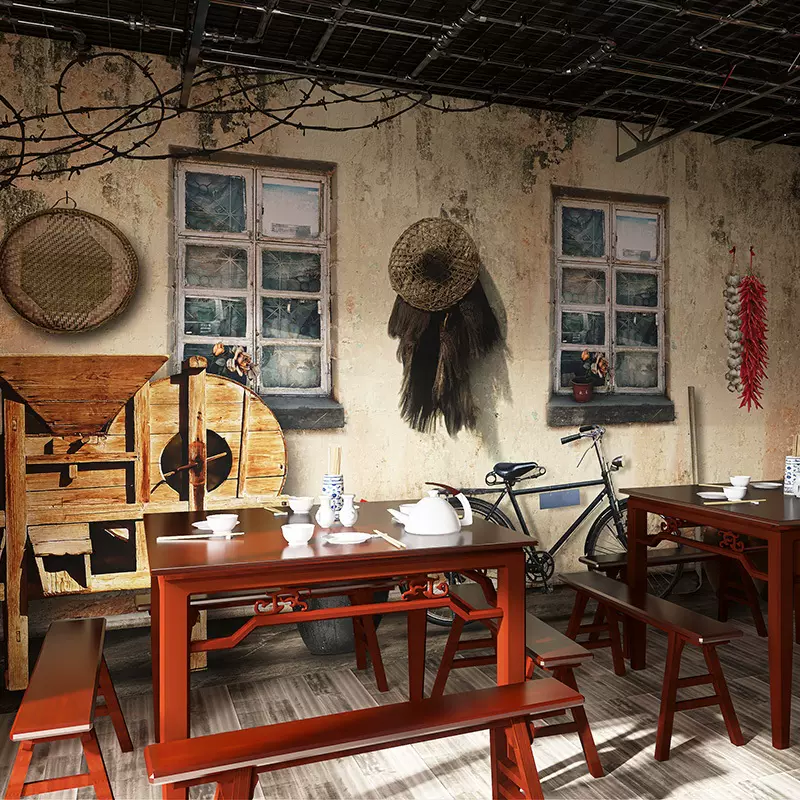 怀旧复古装饰80年代墙纸家具老物件壁画直播背景火锅店烧烤3d壁纸