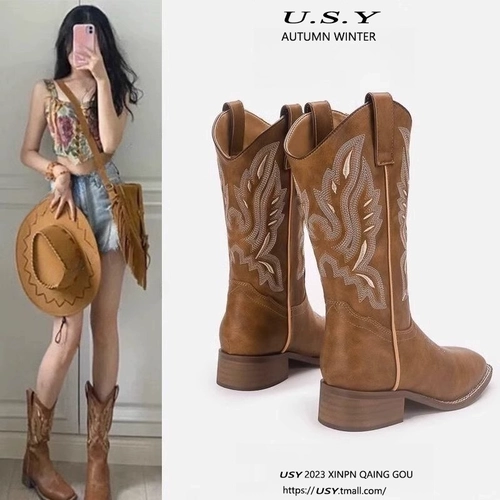 Diffie Western Denim Boots Retro Emelcodery Boots Boots