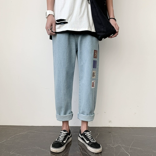 Летние джинсы, тонкие штаны, эластичная талия, свободный прямой крой, в корейском стиле