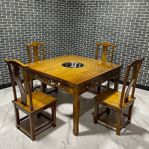 Бесплатная доставка сплошной древесина мраморная квадратная таблица коммерческая горячая столовая газовая плита Индукционная плита интегрированная стола с горячим горшком и комбинация стула