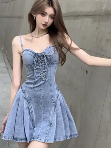 Сексуальное джинсовое летнее платье, юбка, приталенный ремень, корсет, мини-юбка, подходит для подростков
