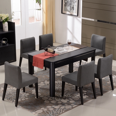 简约现代火烧石餐桌椅组合6人吃饭桌子 中式玄武石餐台西餐厅长桌