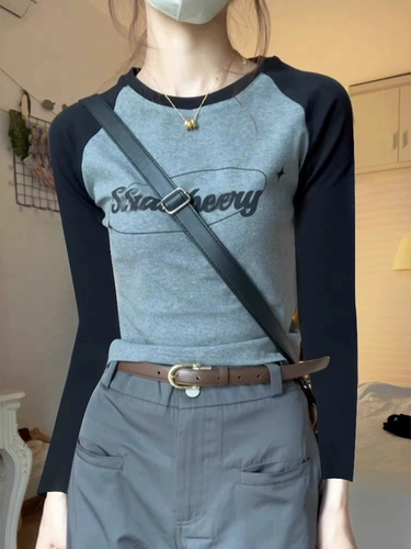 Ретро осенний короткий лонгслив, в американском стиле, подходит для подростков, облегающий крой, в обтяжку, по фигуре