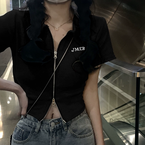 Сексуальная короткая приталенная футболка с молнией, воротник поло, высокая талия