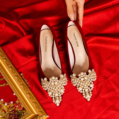 taobao agent Wedding shoes pointy toe, red non-slip footwear for bride, 2022 collection, for pregnant woman