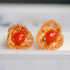 Серьги 14k包金线手工绕线纯天然凉山南红花型花丝耳钉耳环
