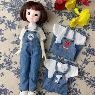 taobao agent [BJD6 points] Denim sling pants set 6 points baby wearing six -point cute cartoon camisole neutral leisure