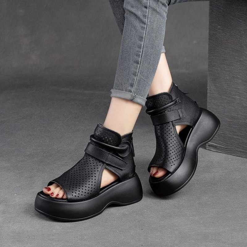 2026 Summer New Leather Breathable Hollow Hole Shoes Fashion Thick-soled Fish Mouth Sandals Women's High-heeled Roman Short Boots_voghion.com
