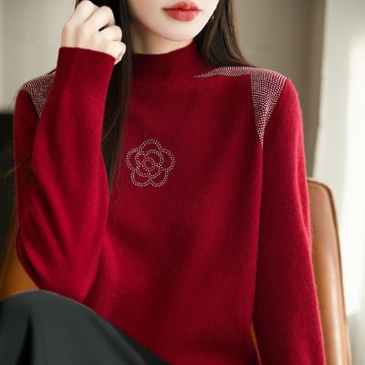高级感烫钻半高领毛衣女2026秋冬新款宽松显瘦长袖针织打底衫上衣