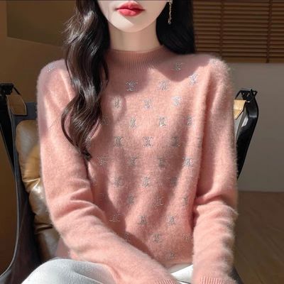 高级感烫钻半高领毛衣女2026秋冬新款宽松显瘦长袖针织打底衫上衣