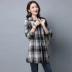 Quần áo mùa xuân và mùa thu 2021 áo sơ mi cotton và lanh nữ béo mm new plus size áo nịt nữ rộng rãi áo sơ mi dài tay kẻ sọc Hàn Quốc - Áo sơ mi dài tay Áo sơ mi dài tay