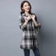 Quần áo mùa xuân và mùa thu 2021 áo sơ mi cotton và lanh nữ béo mm new plus size áo nịt nữ rộng rãi áo sơ mi dài tay kẻ sọc Hàn Quốc - Áo sơ mi dài tay