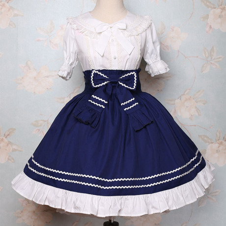 精灵公主lolita洛丽塔日系复古蓝色学院风格高腰束腰洋装短裙