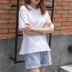 Mùa hè ngắn tay có túi bông lỏng có mũ trùm đầu của phụ nữ Hàn Quốc áo thun cotton nửa tay phía dưới áo hoodie - Áo phông Áo phông