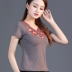 Áo thun nữ ngắn tay thêu phong cách dân tộc mùa hè, phong cách mới retro plus size slim top, thêu phong cách Trung Quốc - Áo phông