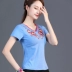 Áo thun nữ ngắn tay thêu phong cách dân tộc mùa hè, phong cách mới retro plus size slim top, thêu phong cách Trung Quốc - Áo phông