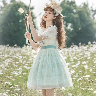 taobao agent Summer dress, mini-skirt, Lolita style, with short sleeve, Lolita OP, square neckline, floral print