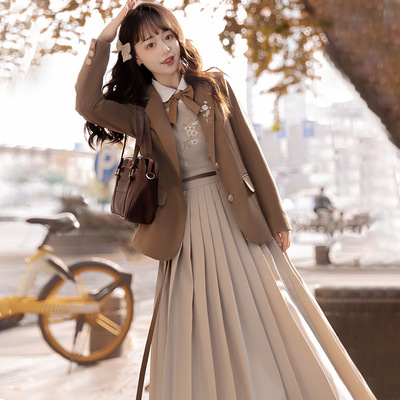 taobao agent Student pleated skirt, classic suit jacket, long skirt, suspenders, autumn demi-season dress