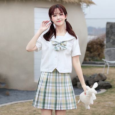 taobao agent Rental Original Green Orange Lemon JK Plaid Skirt Genuine College Style Pleated Skirt Shirt Bow Tie Set For Sale