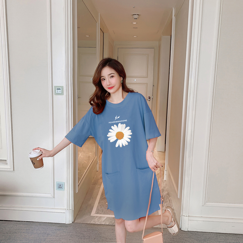 睡裙女春夏纯棉可外穿中长款口袋短袖睡衣大码宽松休闲全棉家居服