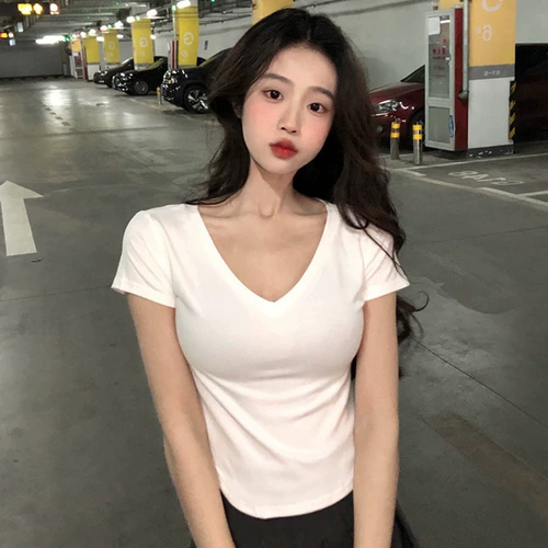 Летняя футболка, большой размер, короткий рукав, облегающий крой, V-образный вырез