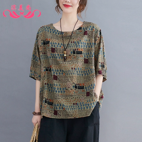 Тонкая футболка с коротким рукавом для матери, из хлопка и льна, в западном стиле, большой размер