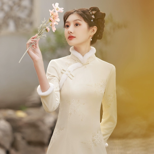 Зимнее демисезонное утепленное легкое элитное ципао, коллекция 2023, светлый стиль, китайский стиль