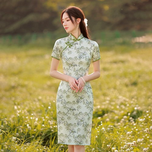 Летнее легкое элитное зеленое цветное длинное ципао, светлый стиль, изысканный стиль, цветочный принт
