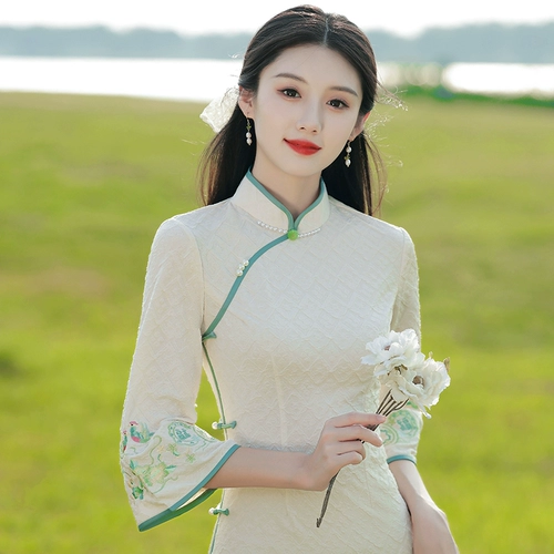 Лонгслив, осеннее легкое элитное белое ретро ципао, коллекция 2023, осенний, светлый стиль