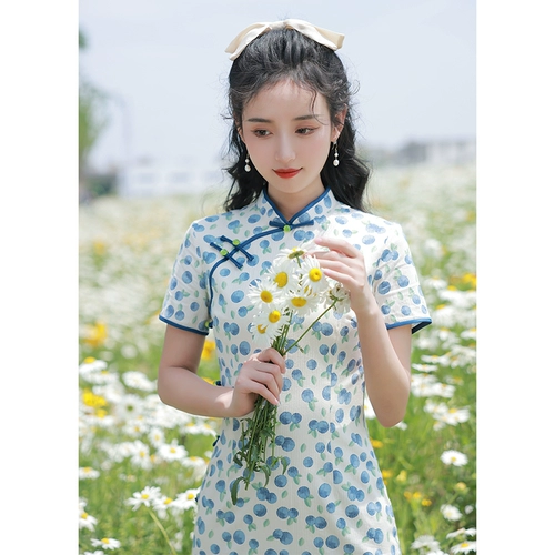 Свежее короткое синее ципао, коллекция 2023, подходит для подростков