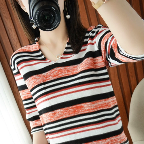 Хлопковый трикотажный летний балахон, тонкая футболка, V-образный вырез, короткий рукав, оверсайз