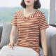 Mẹ trung niên béo plus fat plus size váy hè phiên bản hàn quốc áo thun nữ ngắn tay mỏng váy cotton cổ chữ V - Áo phông