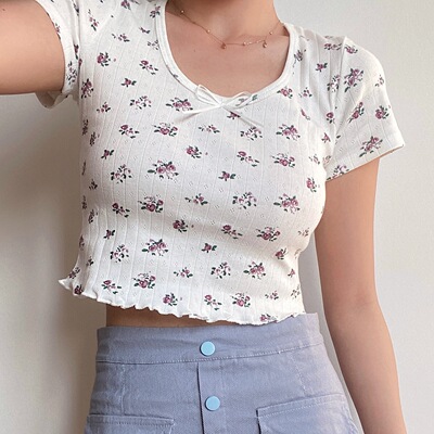 taobao agent BARAN exclusive custom cute hollow print U -neck butterfly high -waist short fungus, floral short -sleeved T -shirt