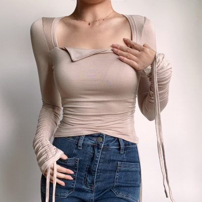 taobao agent Sexy design solid T-shirt, square neckline, trend of season, drawstring