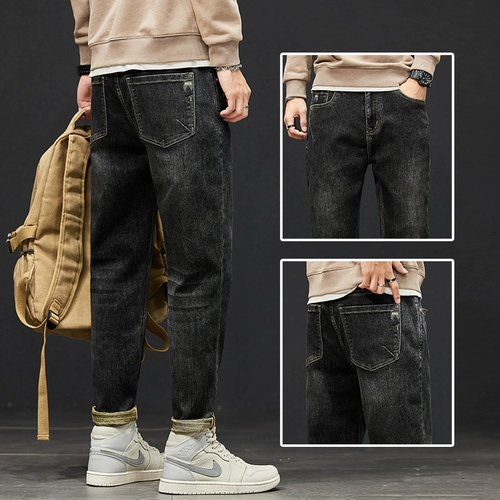 Мужские зимние черные джинсы, элитные демисезонные штаны для отдыха, свободный прямой крой, премиум класс