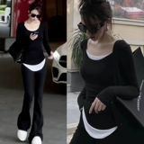 Дизайнерский комплект, универсальная черная осенняя футболка, приталенный лонгслив, тренд сезона