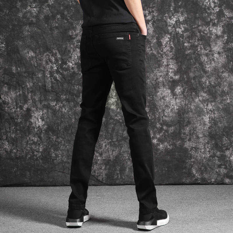 新款秋季纯黑色修身牛仔裤男士直筒弹力休闲男式韩版小脚裤牛子裤