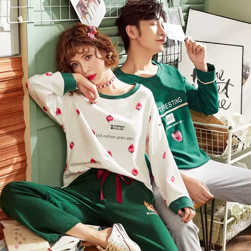Демисезонная хлопковая пижама для влюбленных, хлопковый комплект, в корейском стиле, свободный крой