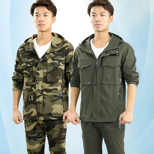 Камуфляжный хлопковый эластичный износостойкий комплект для работы с капюшоном, рабочая одежда, защита от ожогов