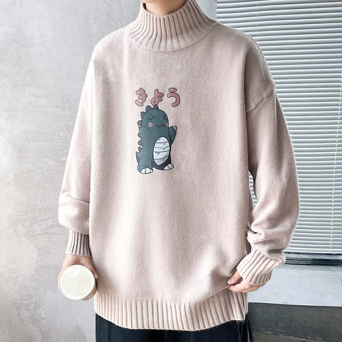 Флисовый динозавр, свитер, трендовая трикотажная утепленный лонгслив, пуховик, высокий воротник, оверсайз, в корейском стиле