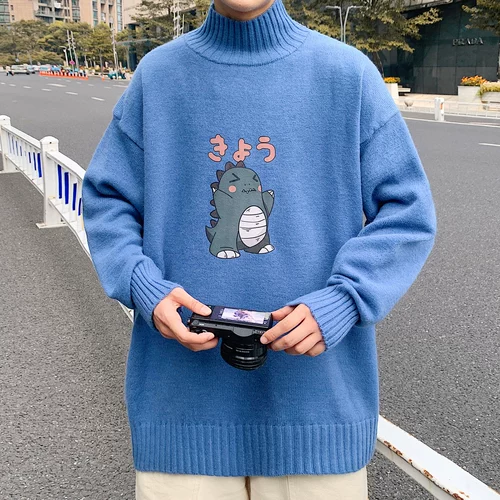 Флисовый динозавр, свитер, трендовая трикотажная утепленный лонгслив, пуховик, высокий воротник, оверсайз, в корейском стиле