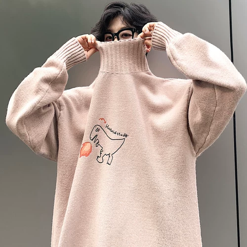 Флисовый динозавр, свитер, трендовая трикотажная утепленный лонгслив, пуховик, высокий воротник, оверсайз, в корейском стиле