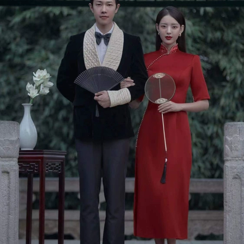 Ретро красное черное ципао для влюбленных, платье, китайский стиль