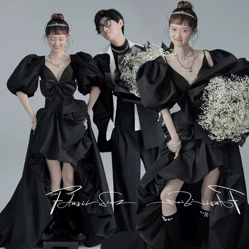 Черная одежда подходит для фотосессий, свадебное платье, 2023, V-образный вырез, рукава фонарики, французский стиль